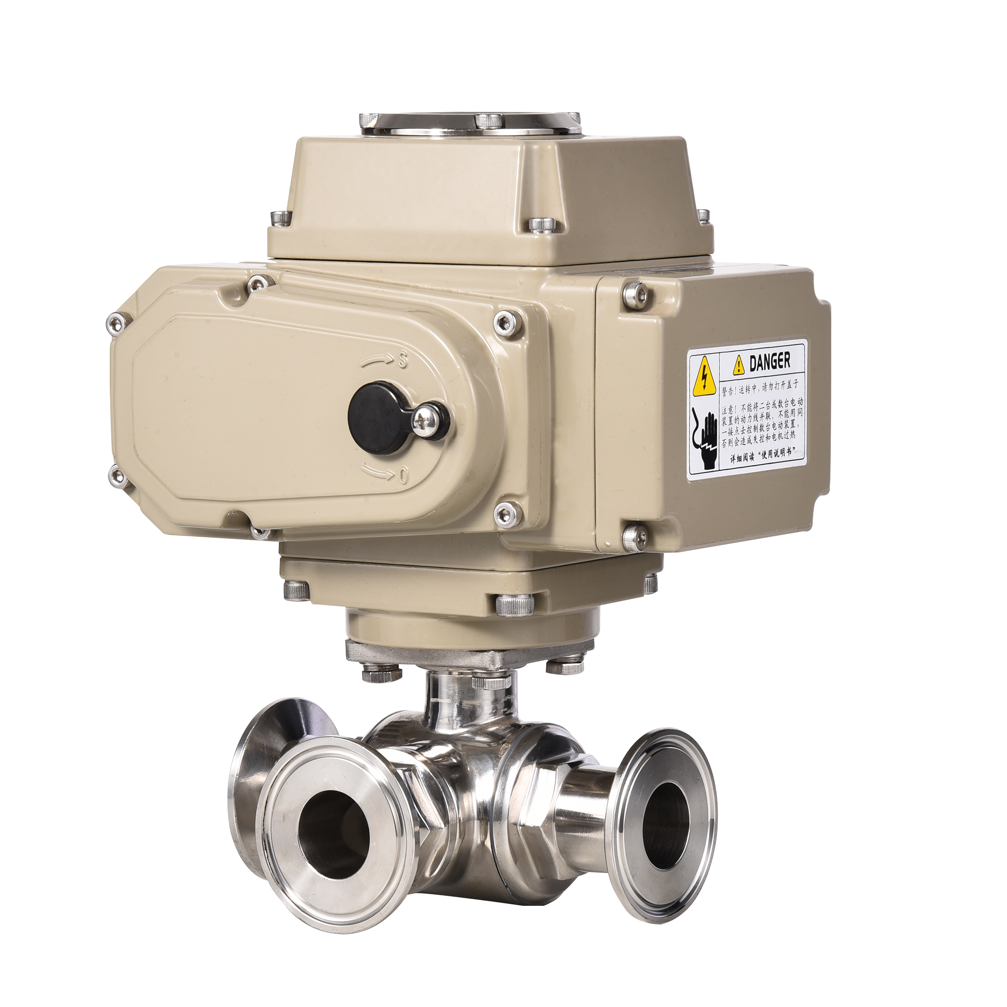 Sanitary Stainless Steel Electric Actuated Motorized Three Way Clamp Ball Valve 